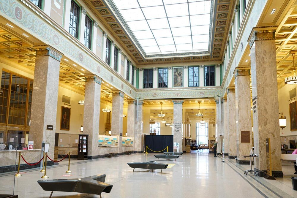 Marble columns and a skylight in Pratt Central Library’s main hall.