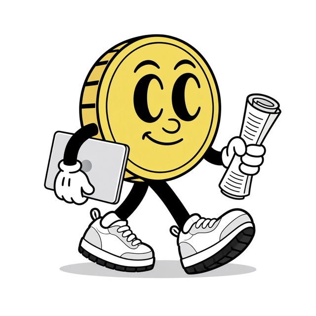 CC, The Charm City Coin mascot, carrying a laptop